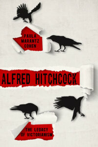 Alfred Hitchcock book cover with white background and crows around the text
