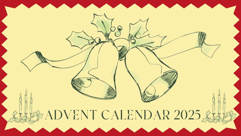 Cream background with a red zig zag border with some large Christmas bells in the centre and text reading 'Advent Calendar 2025' between two green festive candle stick illustrations