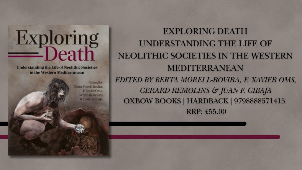 Image showing the cover of the book Exploring Death on a grey background with one black and one burgandy line. Next to the cover is text with the biblio info for the book.