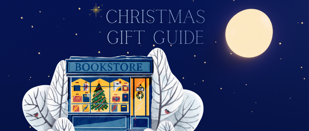 banner with bookstore in winter background with text' Christmas gift guide'