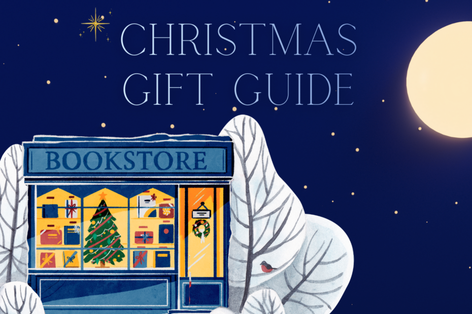 banner with bookstore in winter background with text' Christmas gift guide'