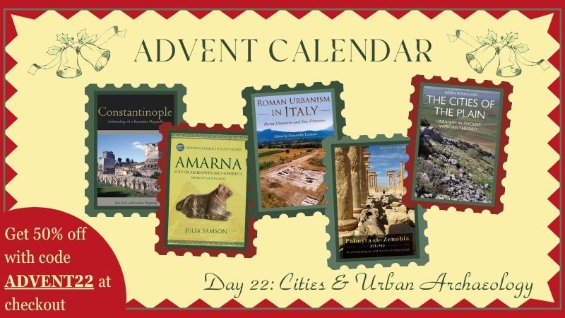 Cream image with red zigzag border showing the five books on offer for Day 22 of the Oxbow Advent Calendar