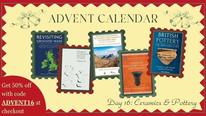Cream image with red zigzag background displaying the five books included in the offer for Day 16 of the Oxbow Advent Calendar