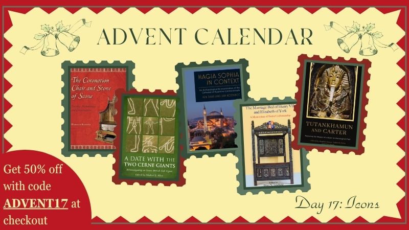 Cream image with red zigzag border showing the five books on offer for day 17 of the Oxbow Advent Calendar