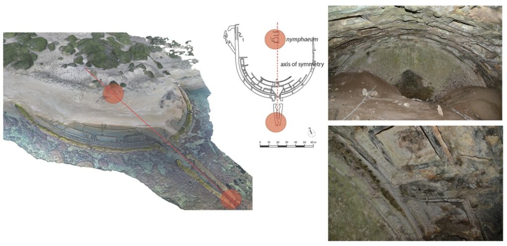 Image showing 3d model and plan of a Roman fishpond on the left and the interior rooms of a Roman villa on the right.
