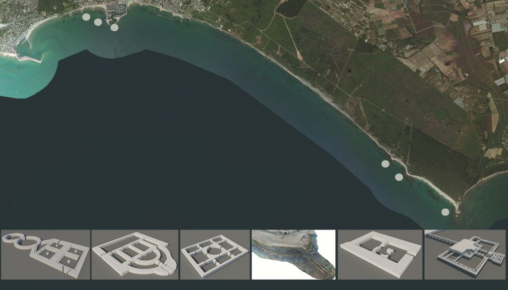 Image of a coastline with dots indicated where fishponds would have been. 6 3D models of these fishponds run along the bottom of the image.