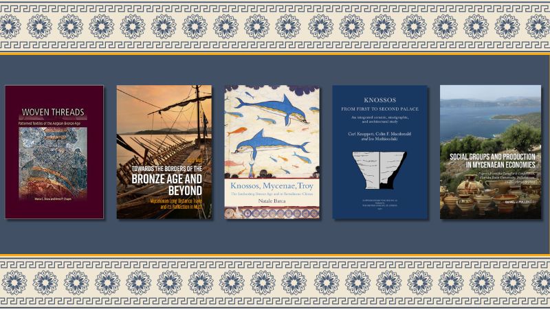 The covers of Woven Threads, Towards the Borders of the Bronze Age, Knossos, Mycenae, Troy, Knossos, and Social Groups and Mycenaean Economies on a blue bar with cream and blue patterned border