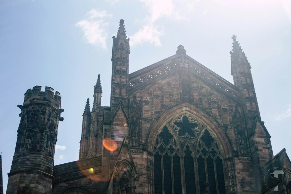 Image of Hereford Cathedral Against Blue Sky Background